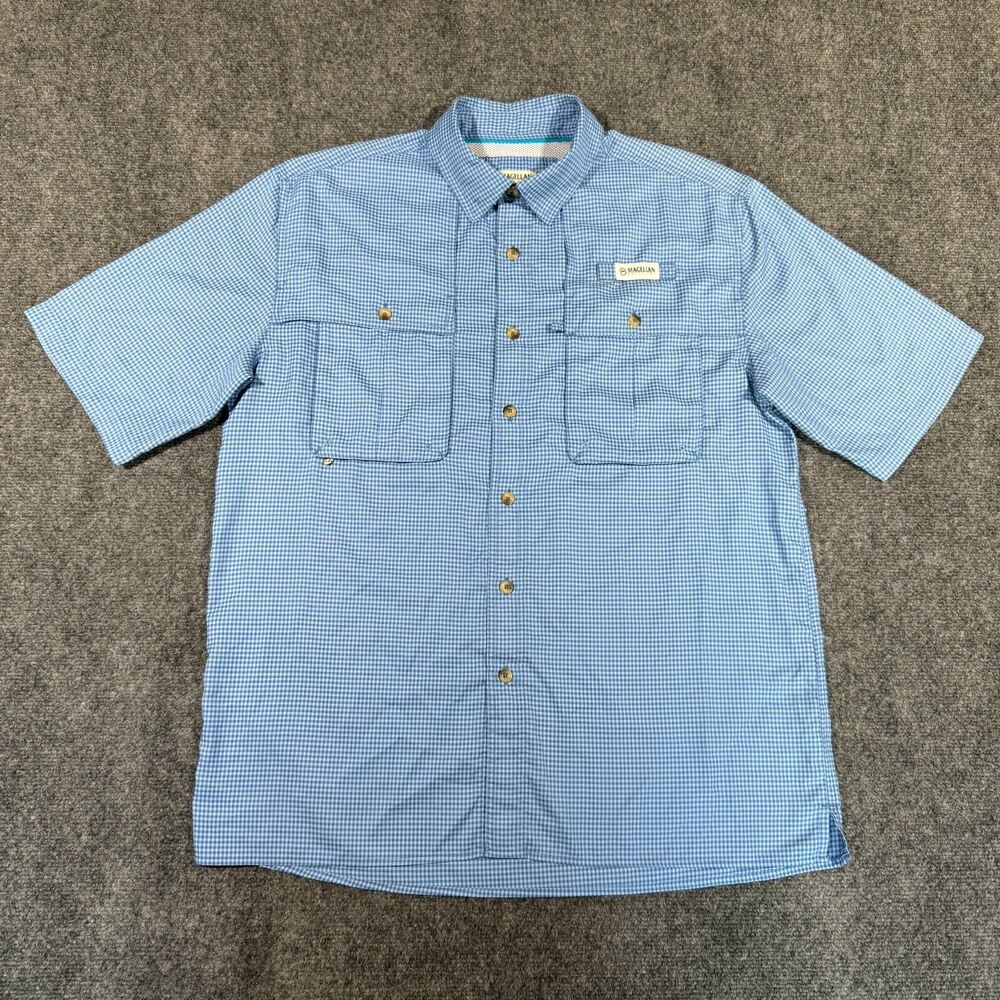 Magellan Outdoors Men Blue Shirt M Fish Gear MagWick Vented Short Sleeve Plaid